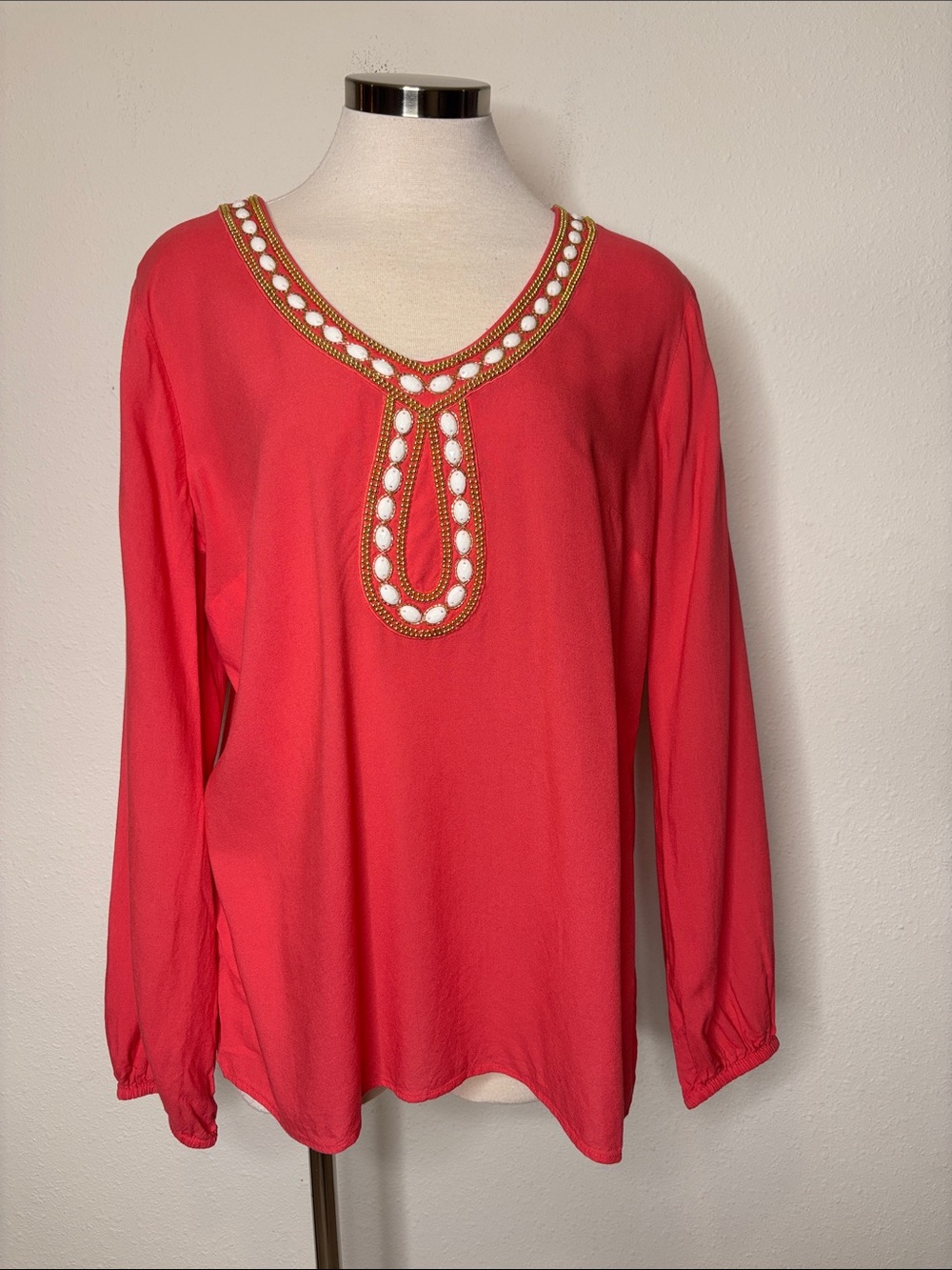 Lilly Pulitzer Coral Red Long Sleeve Tunic with Beaded V-Neck
